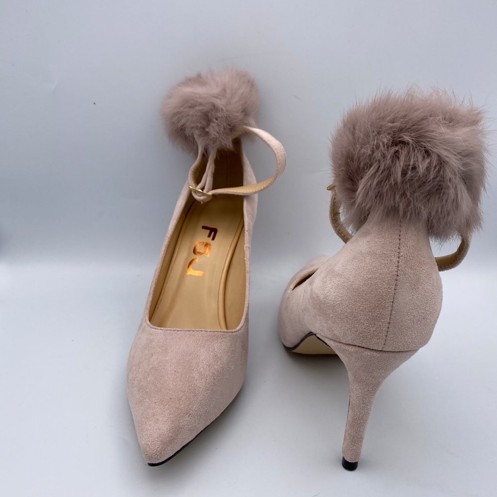 FSJ Ankle Strap Heels Suede Pumps Fluffy Ball - Picture 6 of 8